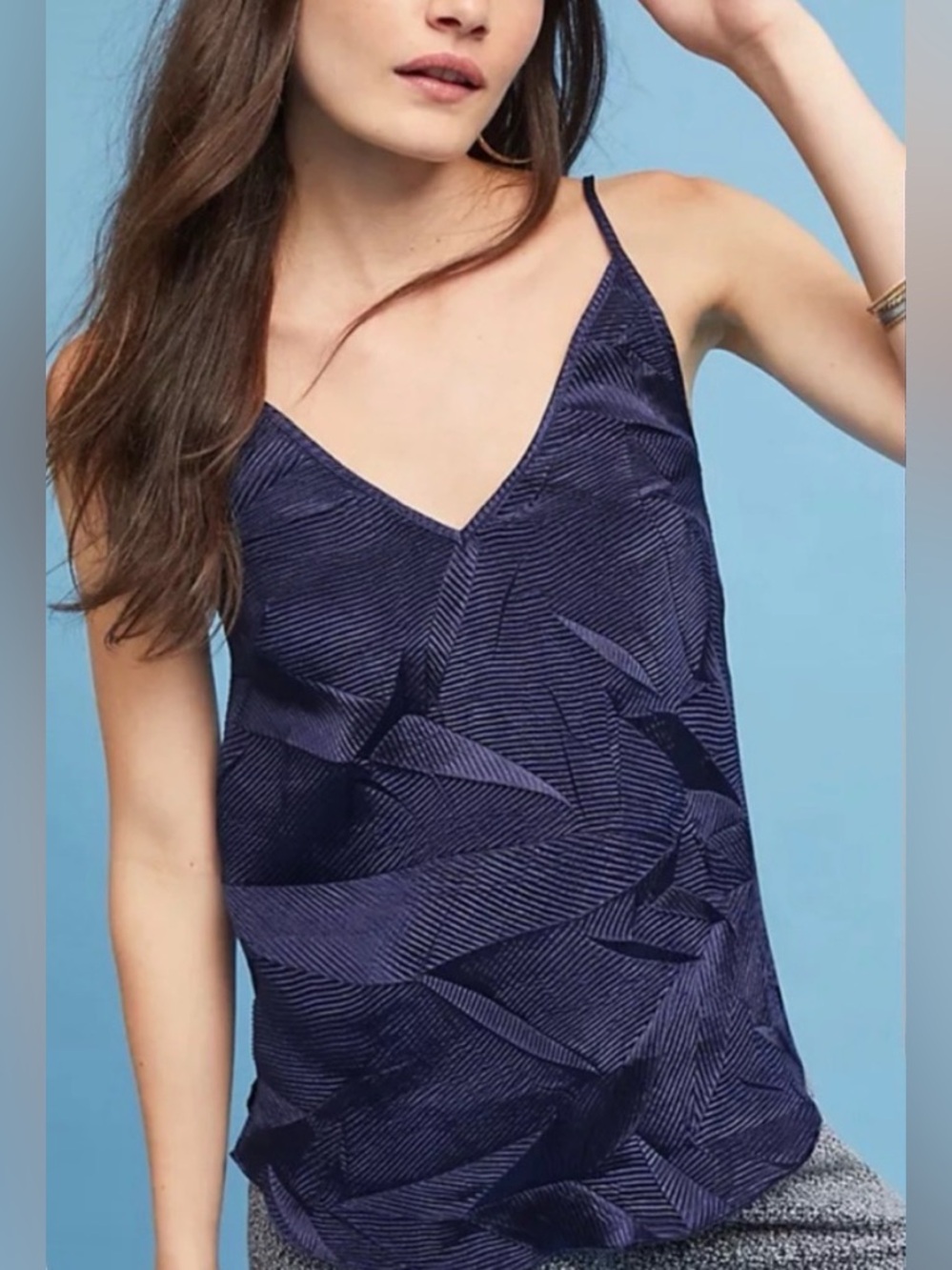 Anthropologie Floreat Textured Cami Tank Top Navy Blue Satin Sheen Crinkle XS